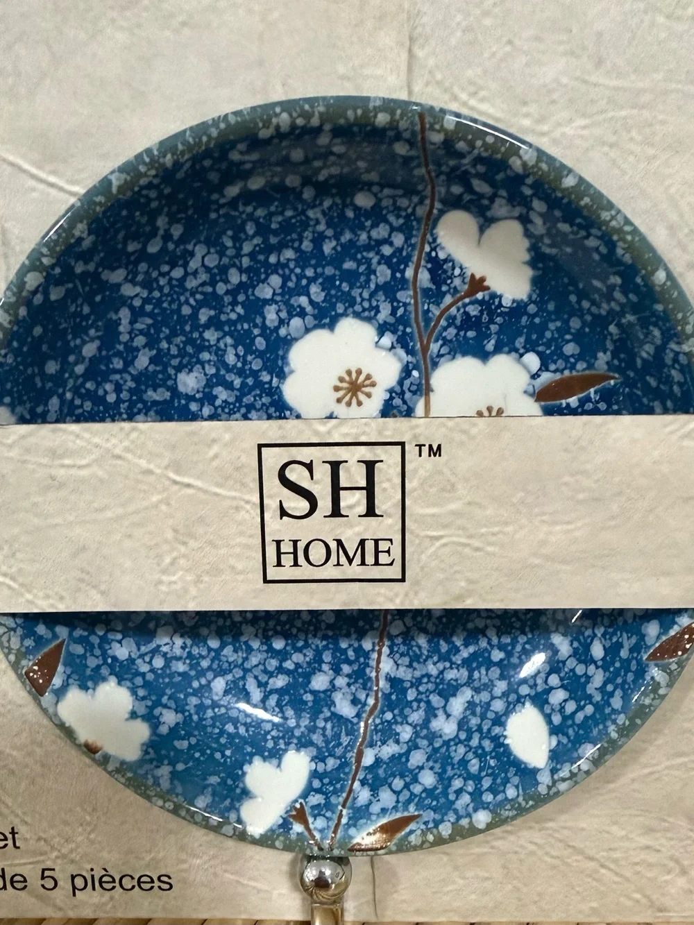 SH Home 5-Piece Ceramic Sushi Plate Set Blue Sakura Cherry Blossom Design